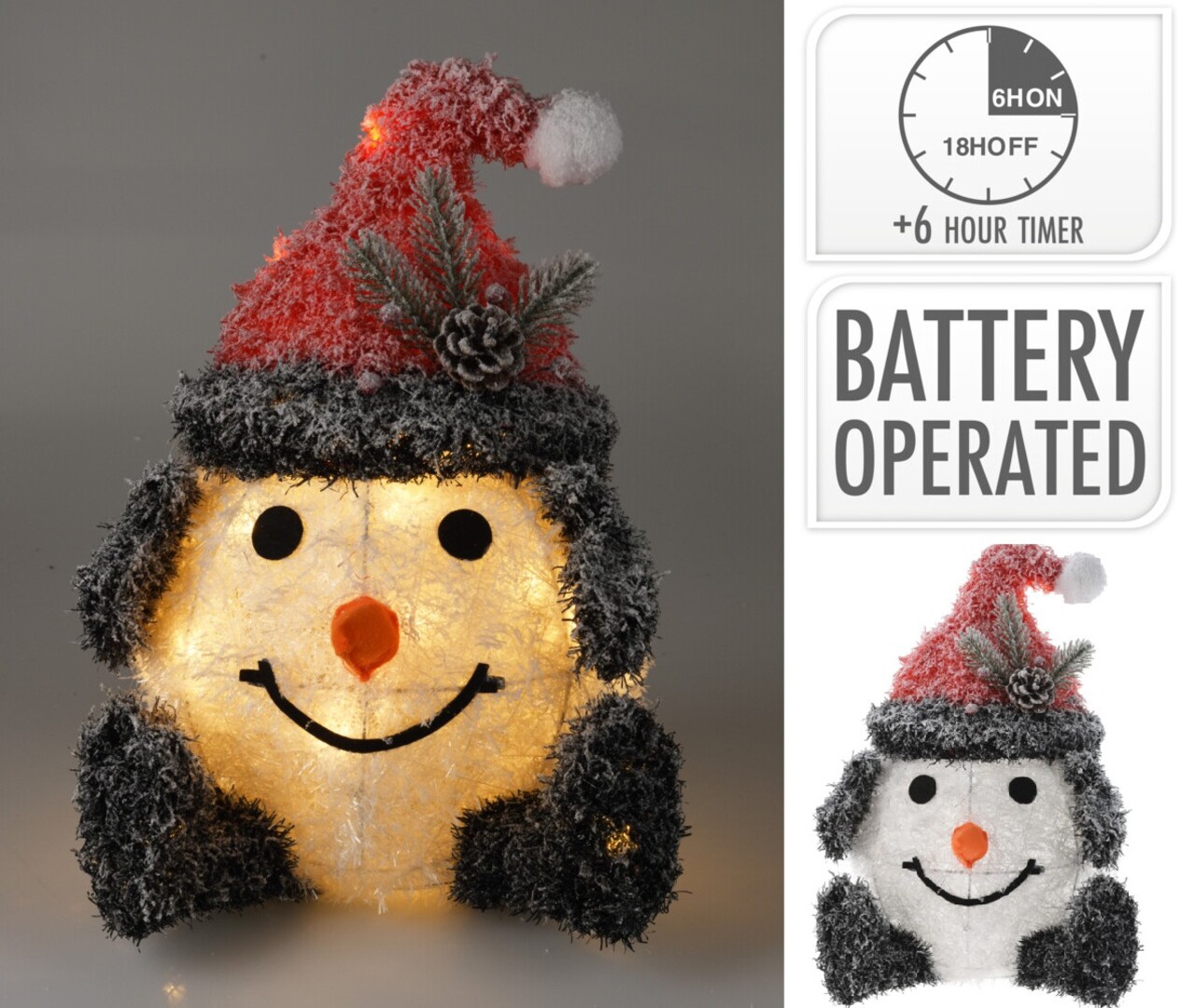 Decoratiune luminoasa cu 20 LED-uri Snowman w red hat v2, cu baterii, 30x33x40 cm, poliester, multicolor - imagine 3